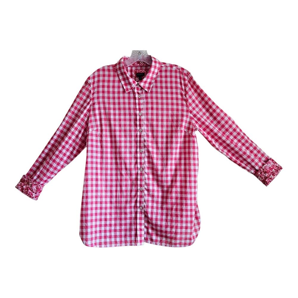 TALBOTS Women's L Blouse Pink White Gingham Check Contrast Cuffs Button Up 42"